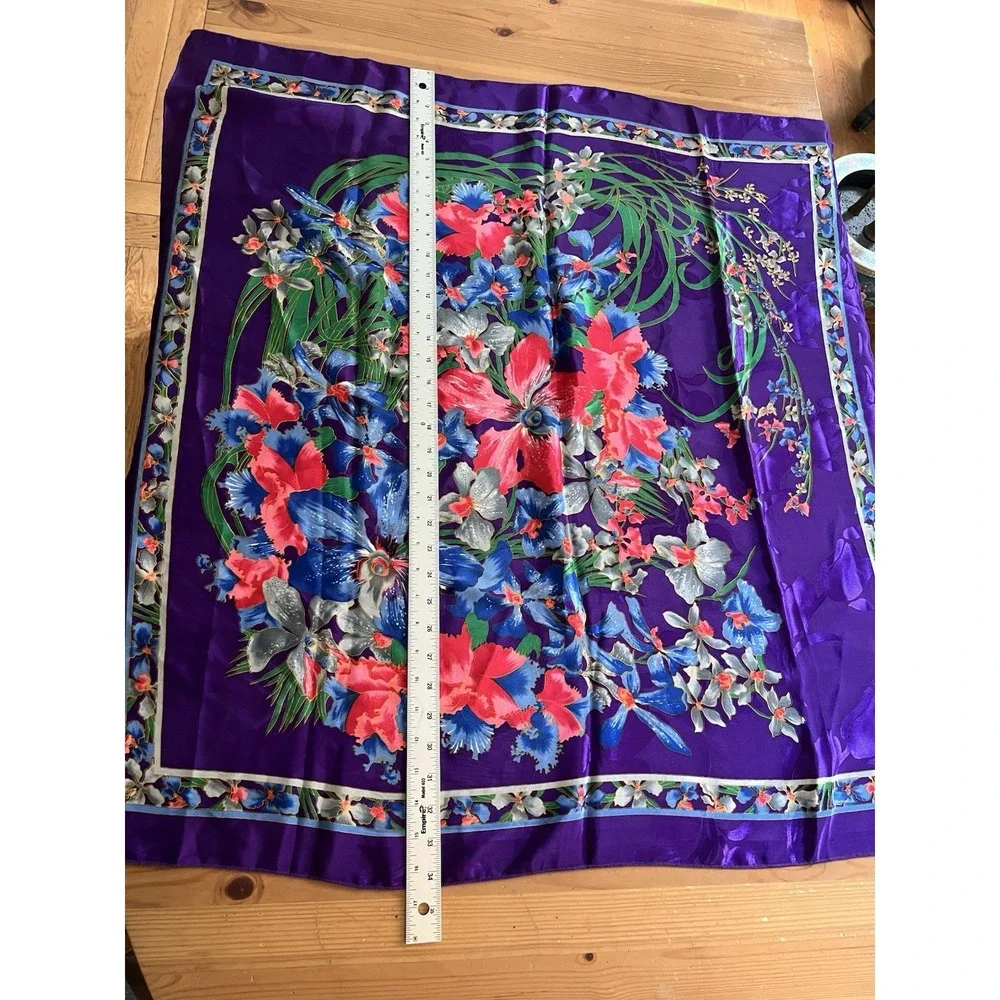 Vintage Floral Silk Scarf Purple Blue Pink Orchid Print Square Retro 34x33